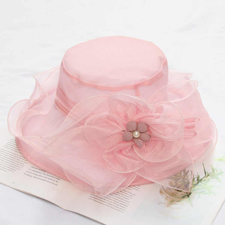 Wholesale Mesh Sun Hat Organza Flower Pot Hat Big Eaves Foldable Beach Sun Hat